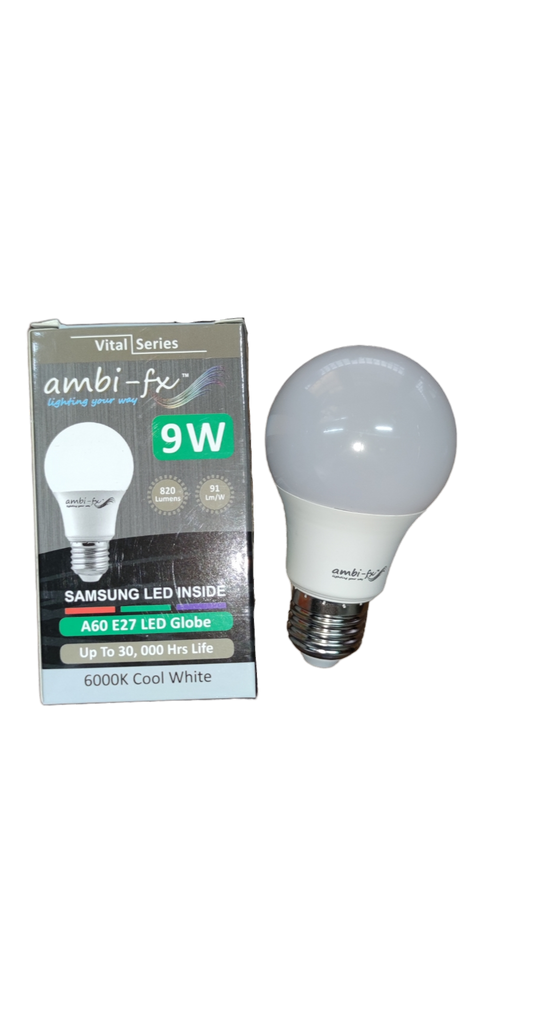 Ambi-fx 9W LED Bulb E27 220V 6000K next to product box showing A60 E27 globe with Samsung LED inside