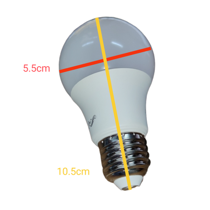 Ambi fx 9W LED Bulb E27 220V 6000K cool white bulb with E27 screw base on black background showing dimensions