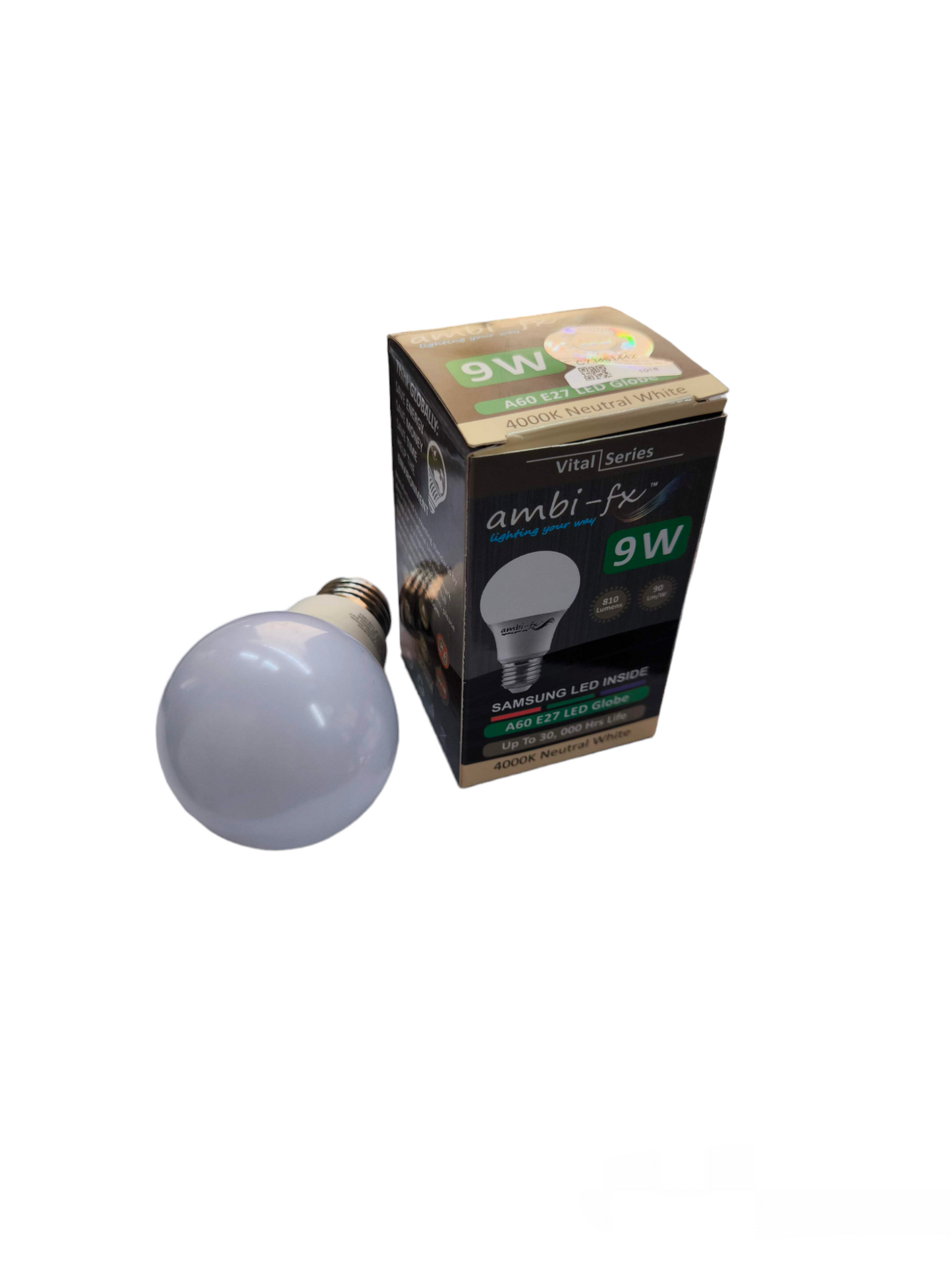 Ambi-fx 9W LED bulb E27 220V with packaging showing energy-saving and Samsung LED inside