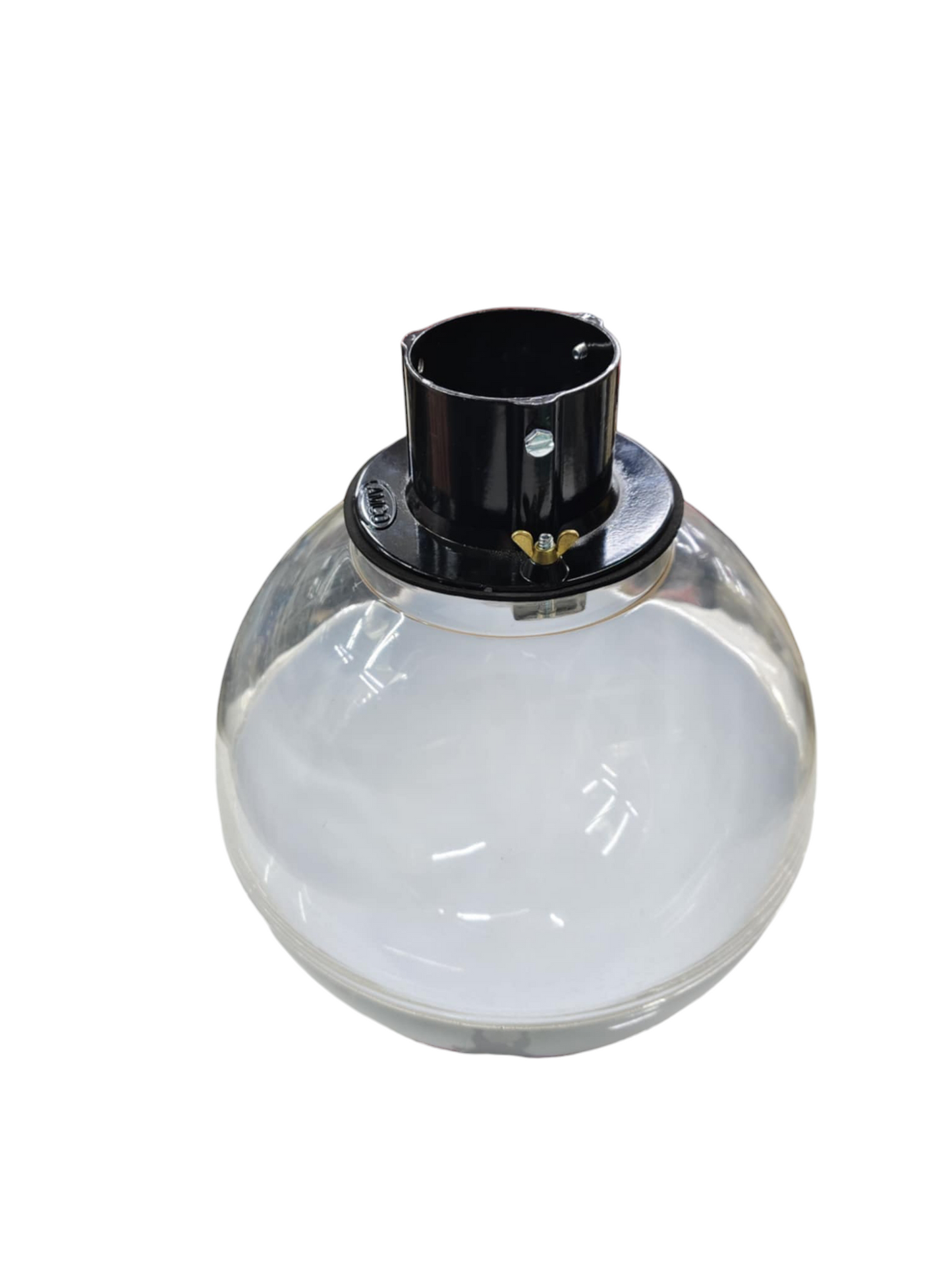 Amco 10 inch globe post connector with clear glass globe and black metal mounting base