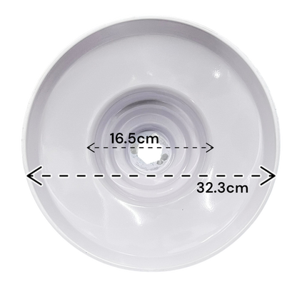 Amco white light fixture cover showing dimensions for lighting installation accessories