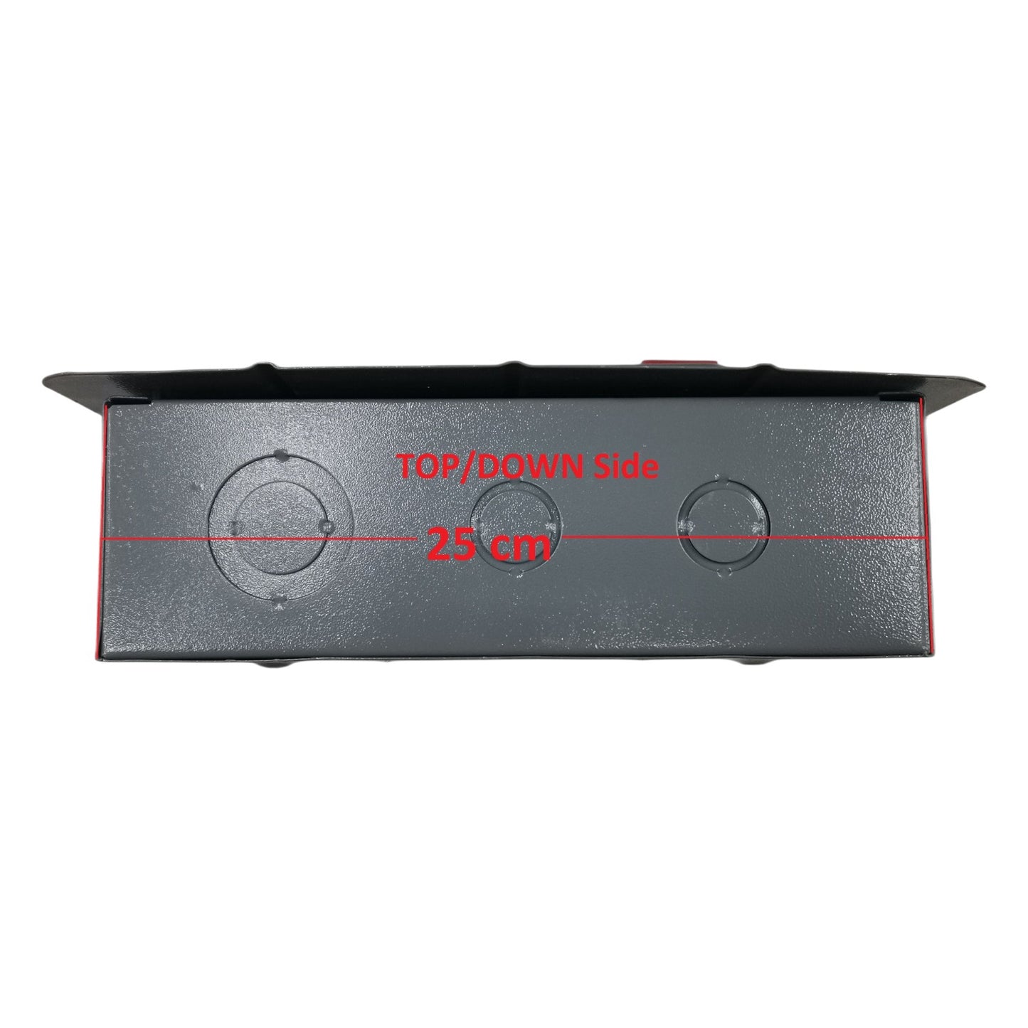 Top view of a 2x2 panel board for GE breakers with circular knockouts for wiring access