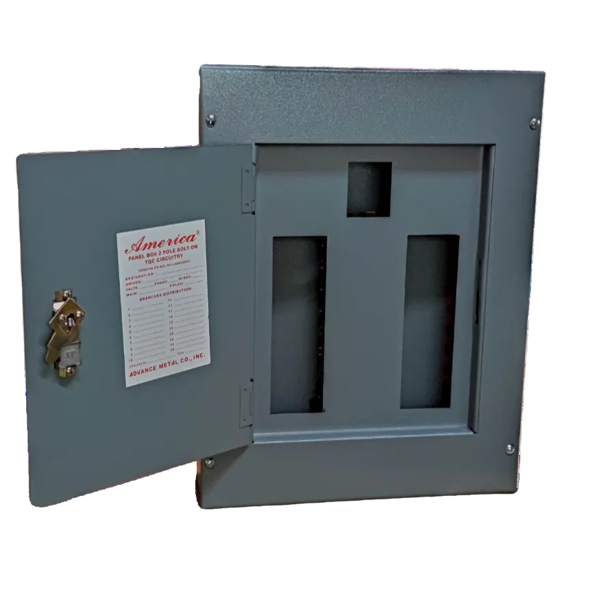 America 8 branches Panel Board Bolt on with metal casing and hinged door open showing slots for breakers
