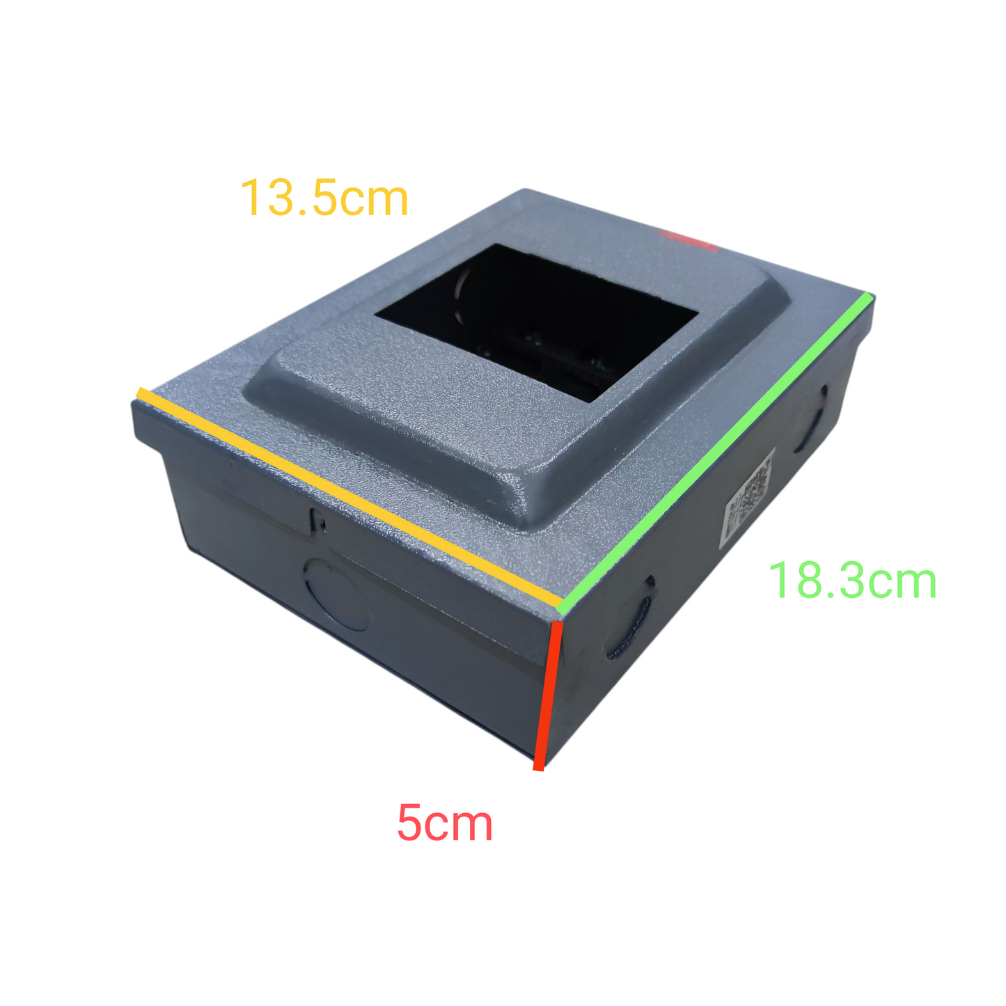 Metal enclosure box for plug-in GE TQL panel board with rectangular cutout knockouts and dimensions 13.5 x 18.3 x 5 cm
