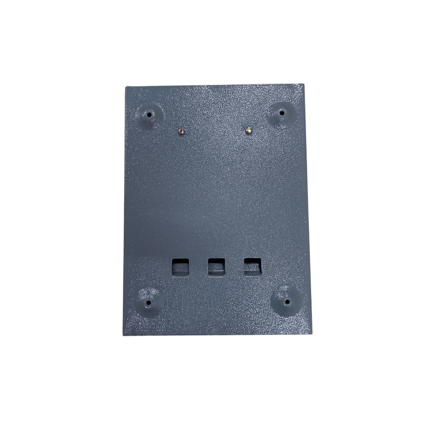 Gray textured metal electrical cover with three square cutouts and mounting holes for plug-in GE TQL panel board