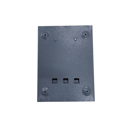 Gray textured metal electrical cover with three square cutouts and mounting holes for plug-in GE TQL panel board