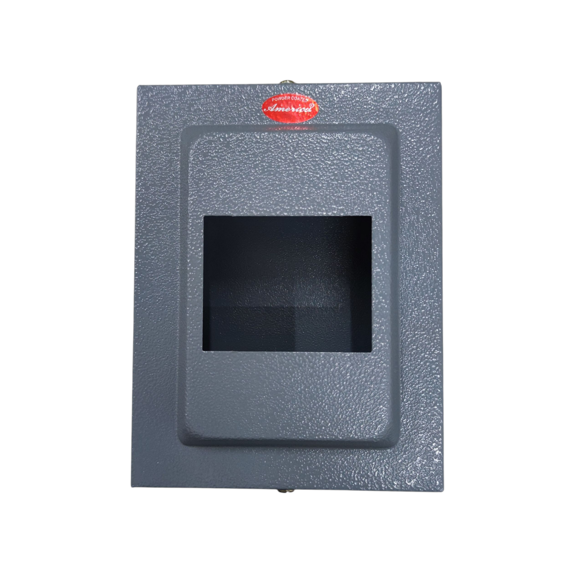 America gray textured metal electrical enclosure with rectangular opening for breakers plug-in GE TQL panel board