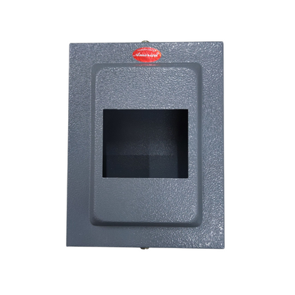 America gray textured metal electrical enclosure with rectangular opening for breakers plug-in GE TQL panel board