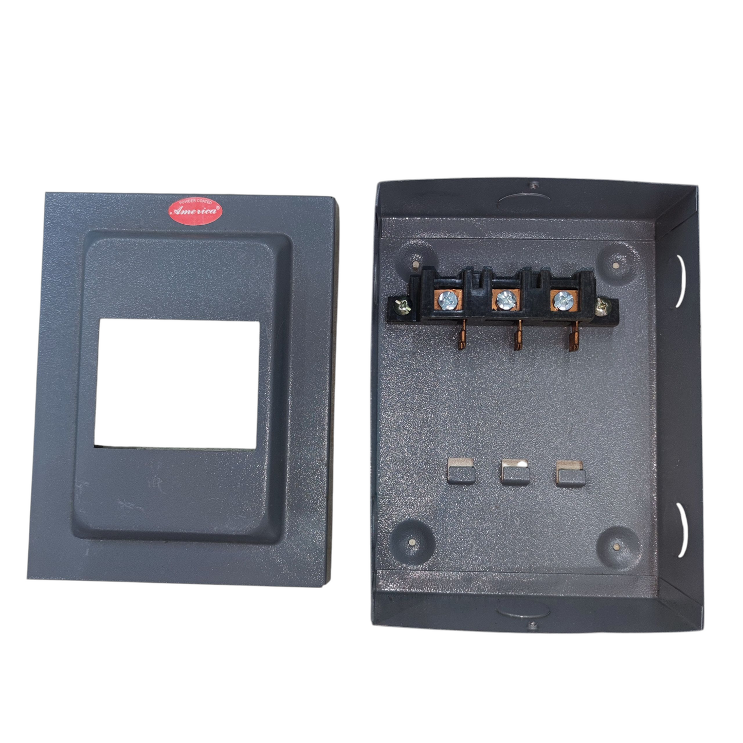 plug-in GE TQL panel board metal enclosure with removable cover and three copper screw terminals