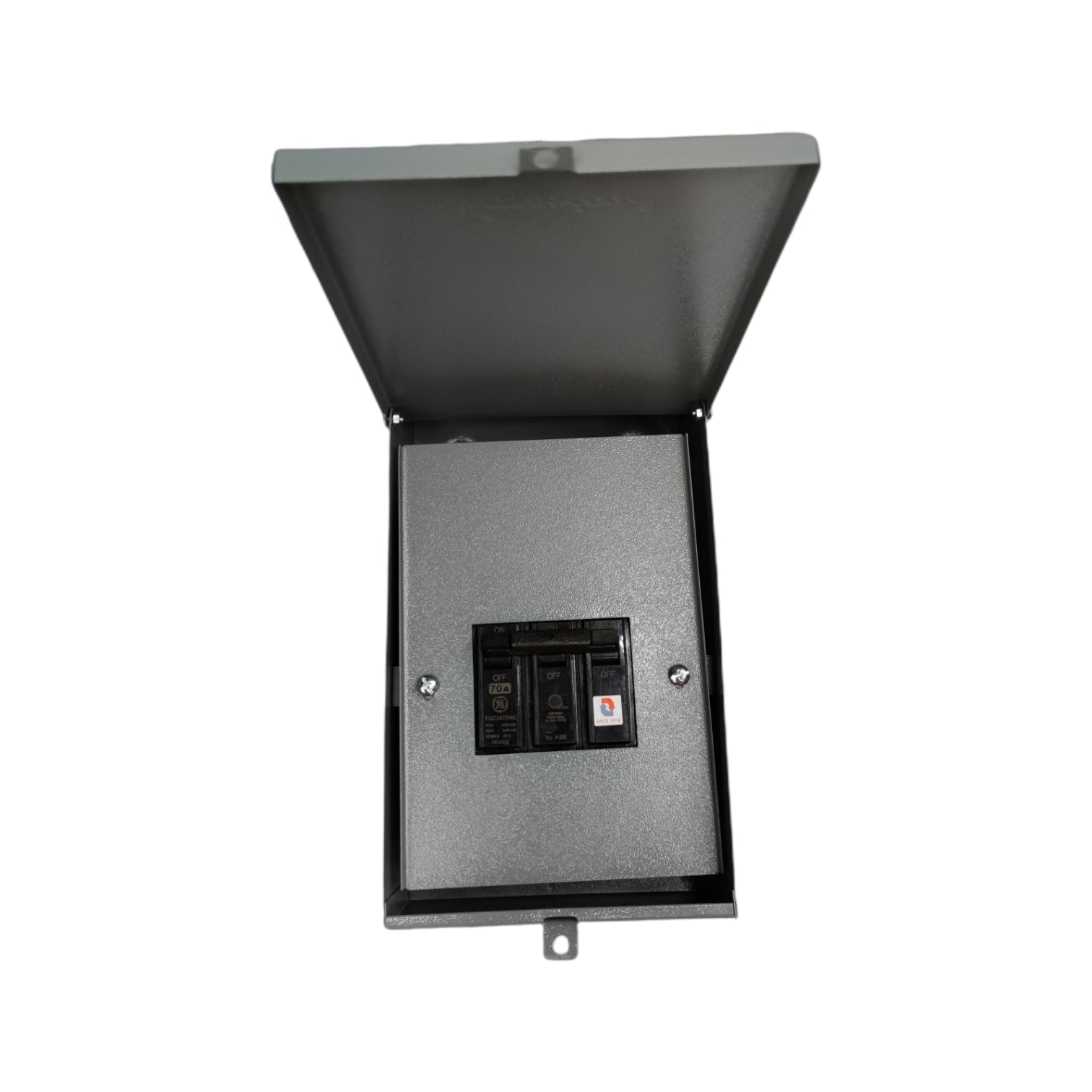 GE 3 phase circuit breaker with enclosure in a sturdy metal box for electrical safety