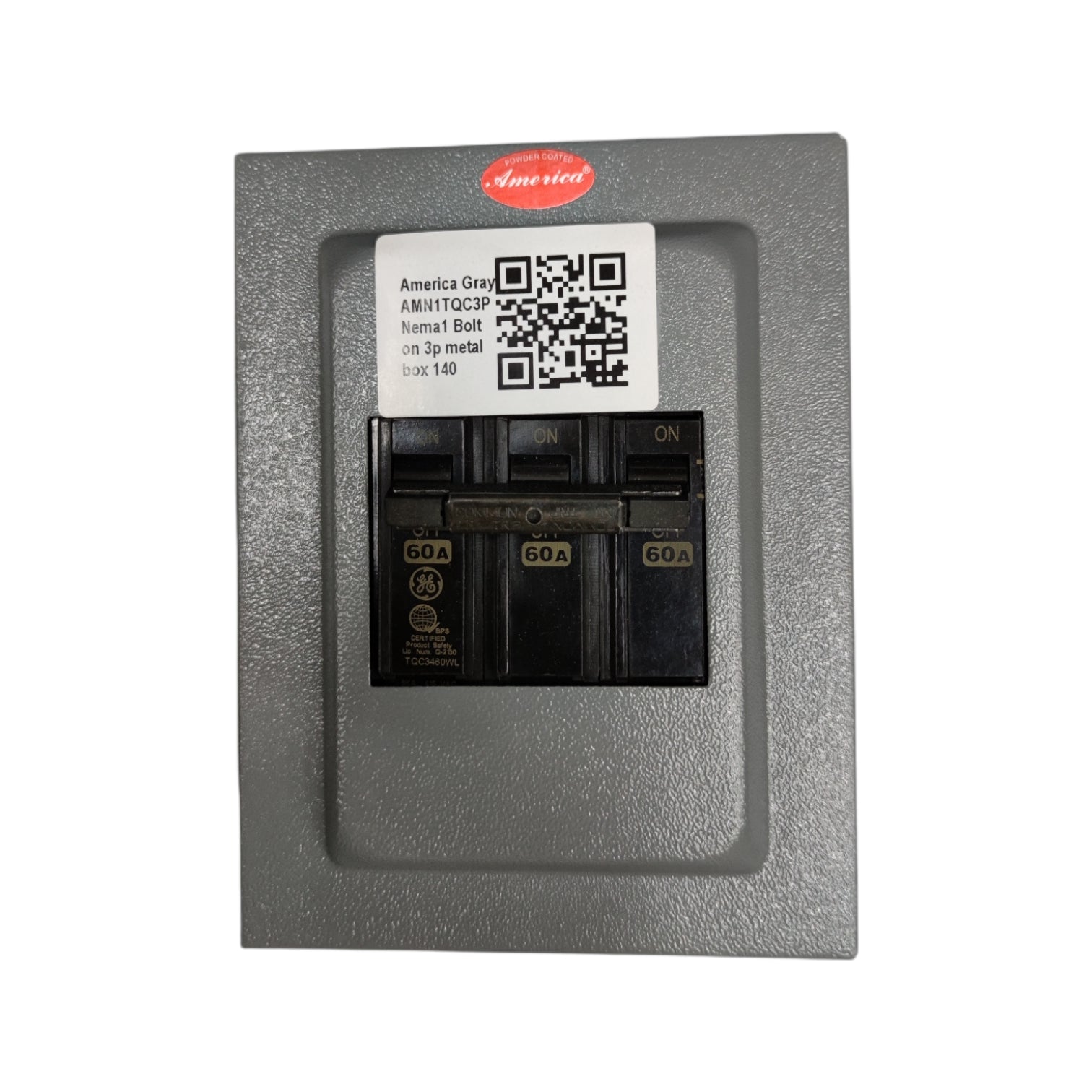 GE 3 phase circuit breaker with enclosure mounted on a gray metal box for electrical safety.