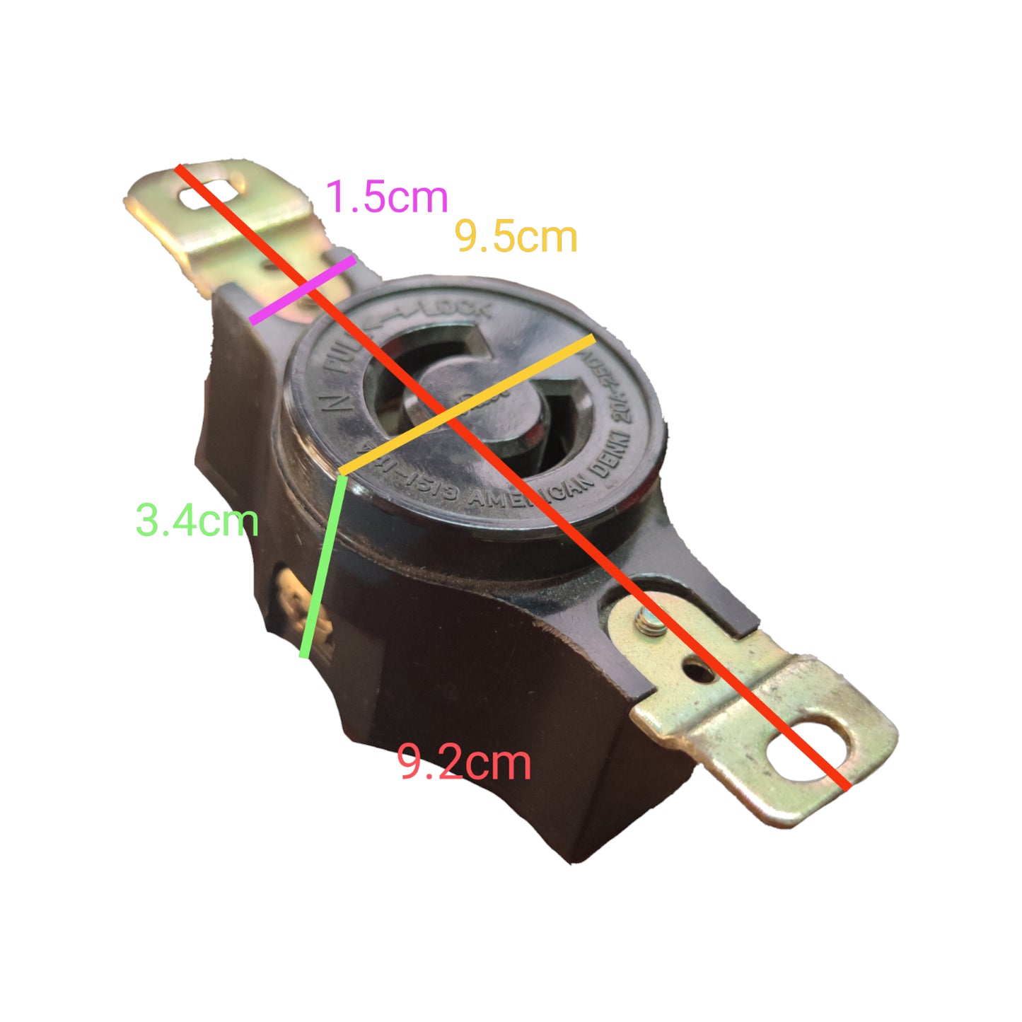 Mechanical component with measurements marked on a white background American Denki 2P 2 Pin 20A 220V Twistlock Outlet Twist Lock Outlet Flush Type