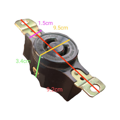 Mechanical component with measurements marked on a white background American Denki 2P 2 Pin 20A 220V Twistlock Outlet Twist Lock Outlet Flush Type