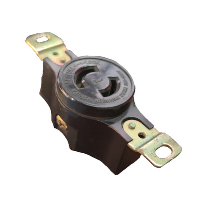 Mechanical component with 'American Electric' branding on a white  American Denki 2P 2 Pin 20A 220V Twistlock Outlet Twist Lock Outlet Flush Typebackground