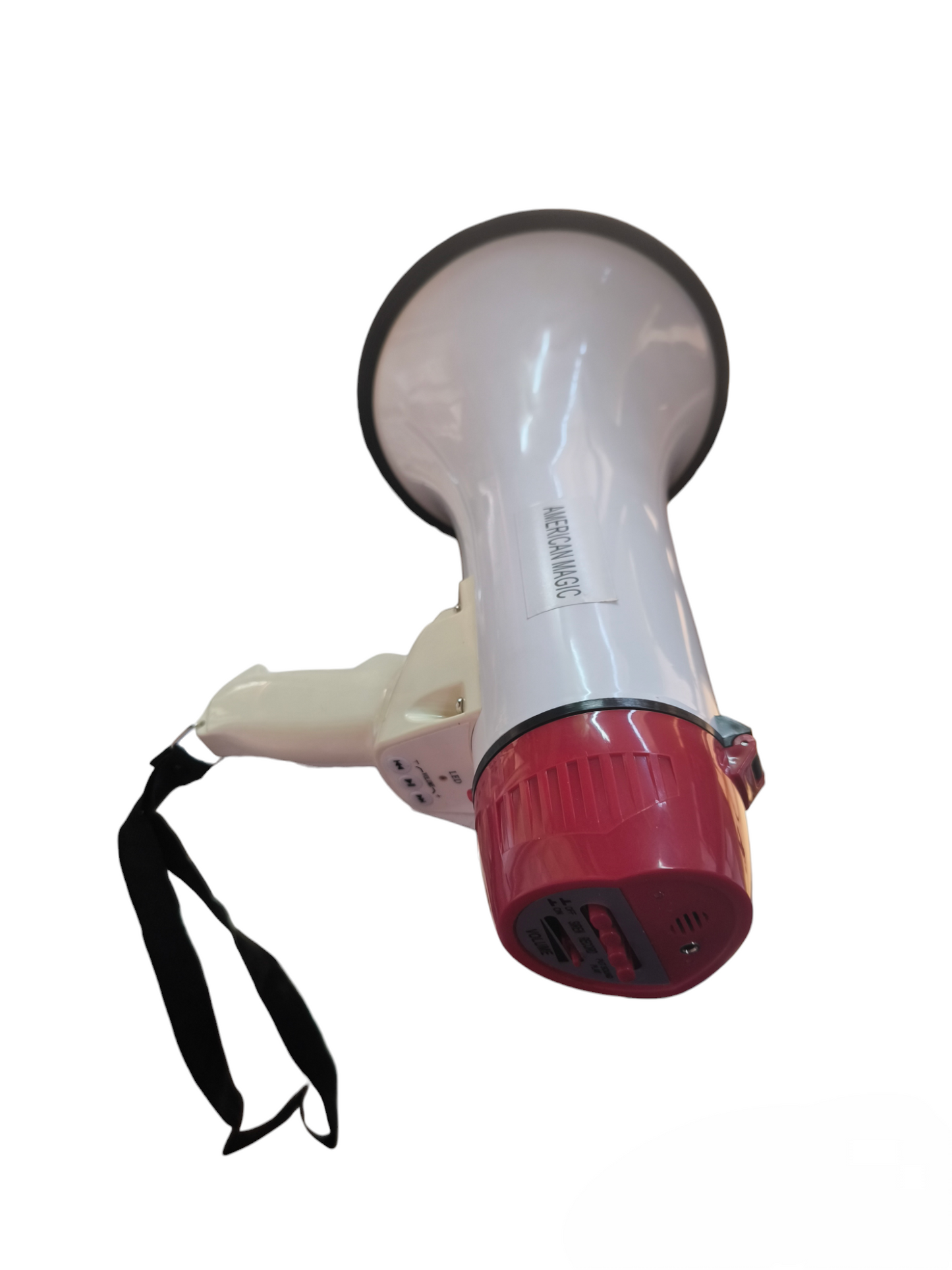 American Magic megaphone with siren in white and red design with black wrist strap