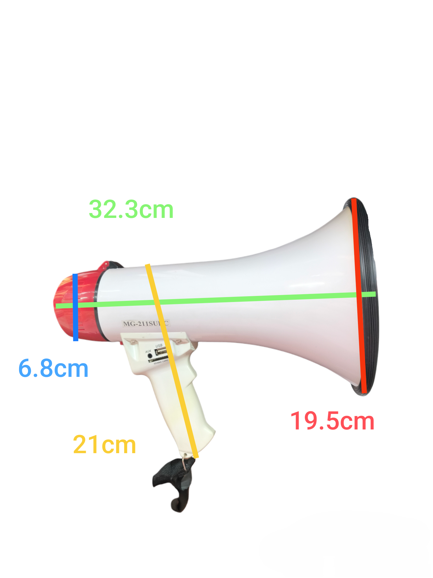 American Magic megaphone with siren in white with red and black accents and a handle for easy grip