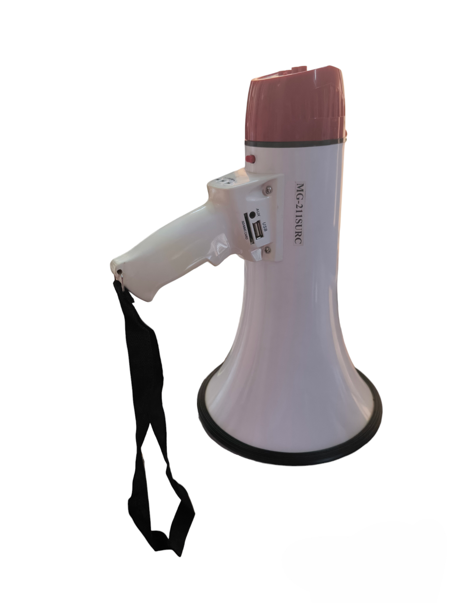 American Magic megaphone with siren in white and red with handheld grip and wrist strap
