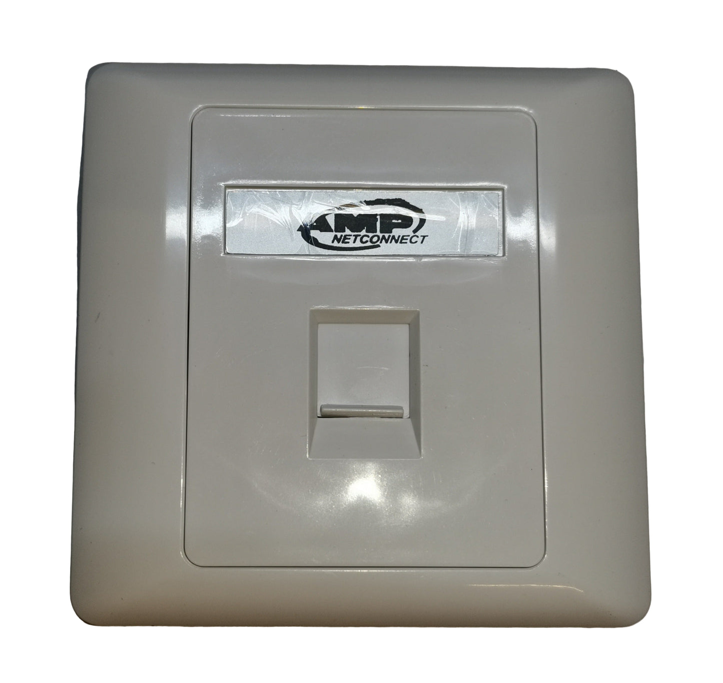 White AMP 1 gang faceplate with single port and AMP Netconnect logo for power points and switches