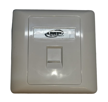 White AMP 1 gang faceplate with single port and AMP Netconnect logo for power points and switches