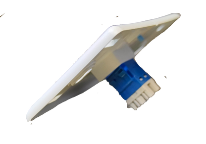 AMP cat 6 lan outlet with plate in white featuring blue connector for network wiring