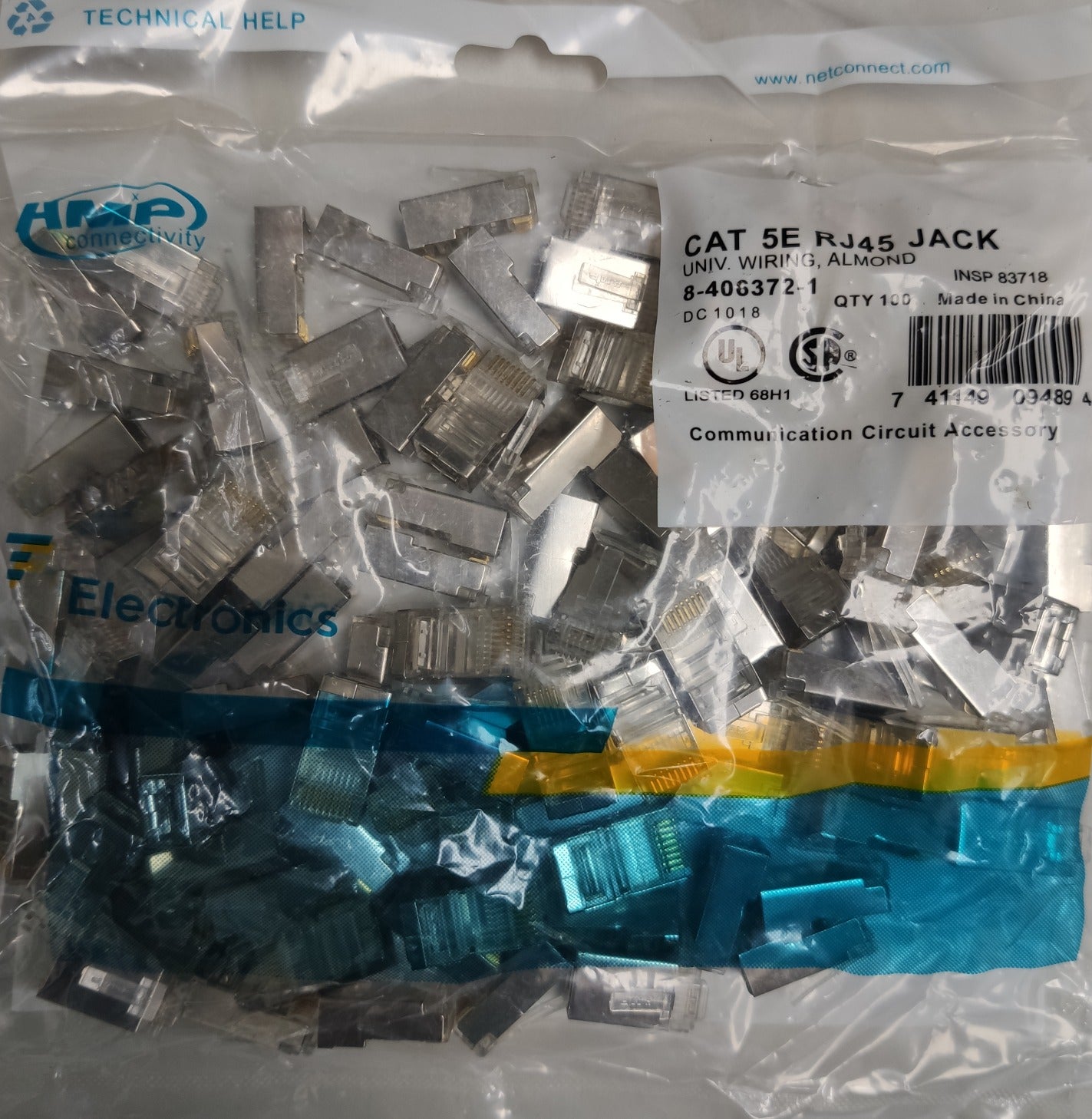 AMP CAT5e RJ45 connector pack with multiple clear connectors for network wiring