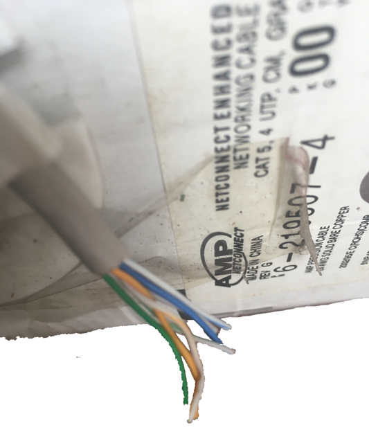 Close-up of AMP LAN Cable Stranded showing exposed twisted wire pairs from network cable