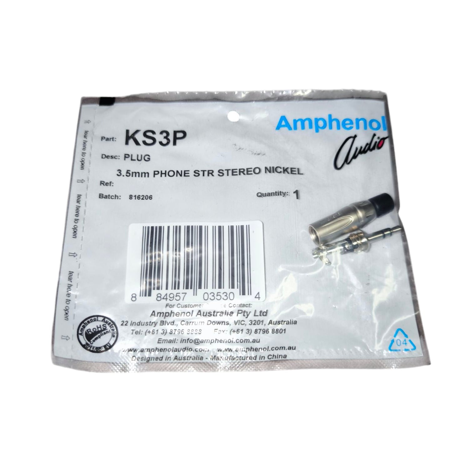 Amphenol 3.5mm phone plug in sealed bag showing Phone STR Stereo Nickel KS3P connector with nickel finish