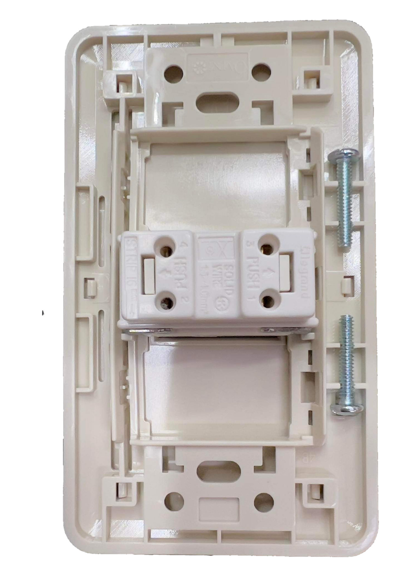 Anam 1 gang 4 way switch power point with mounting screws in white plastic frame