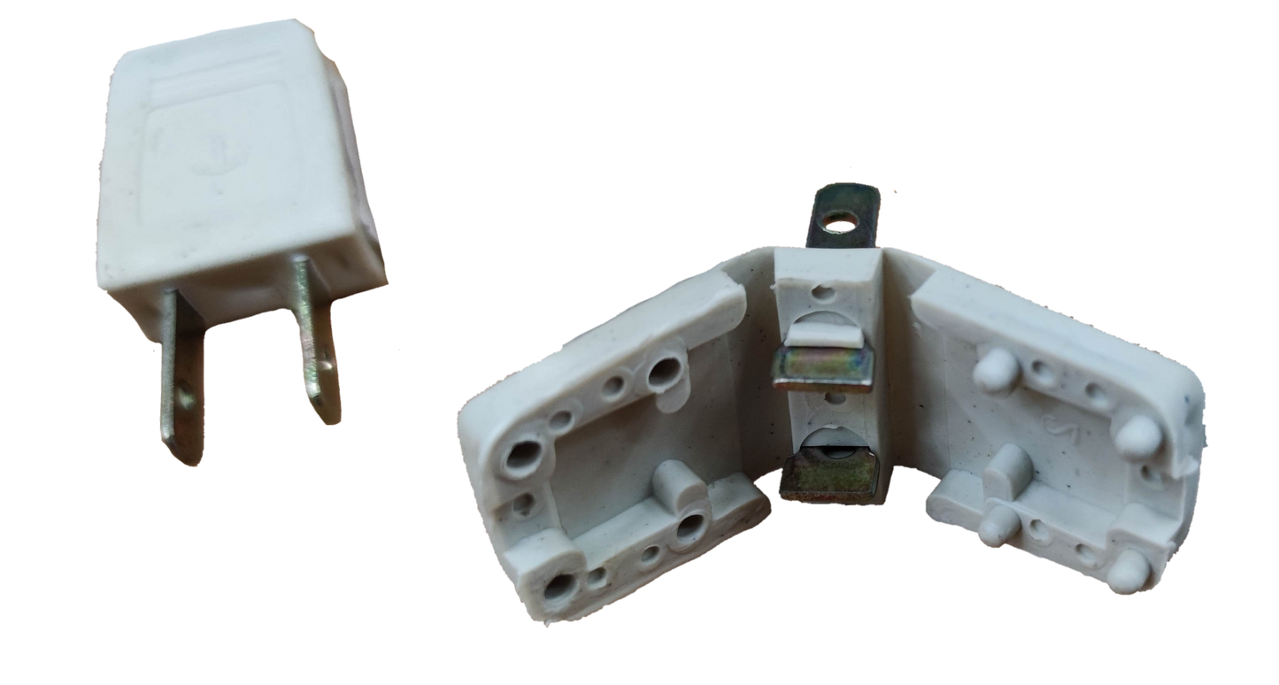 Anchor Plug Plastic 3A 125V white two-pin electrical plug with open and closed views