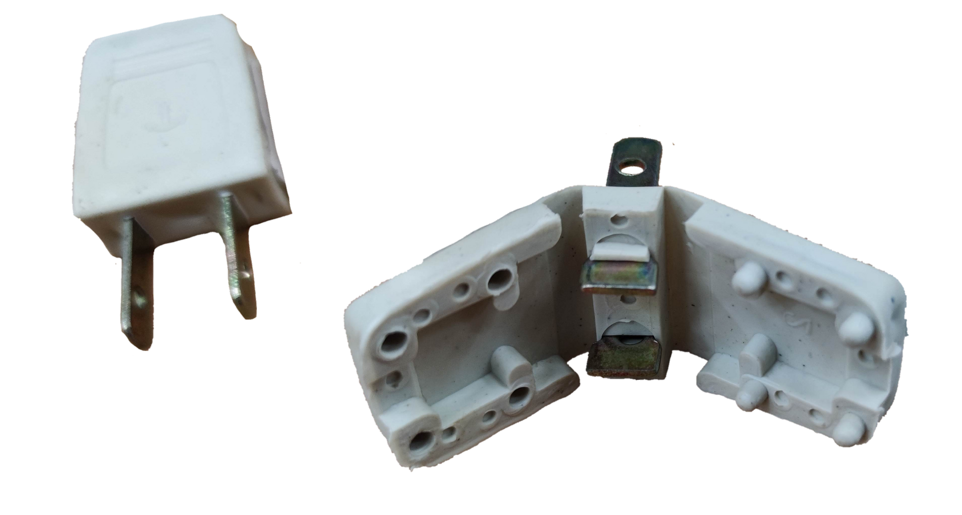 Anchor Plug Plastic 3A 125V white two-pin electrical plug with open and closed views