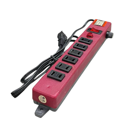 Red 6 gang extension outlet power strip with black plug and switch for multiple device connection