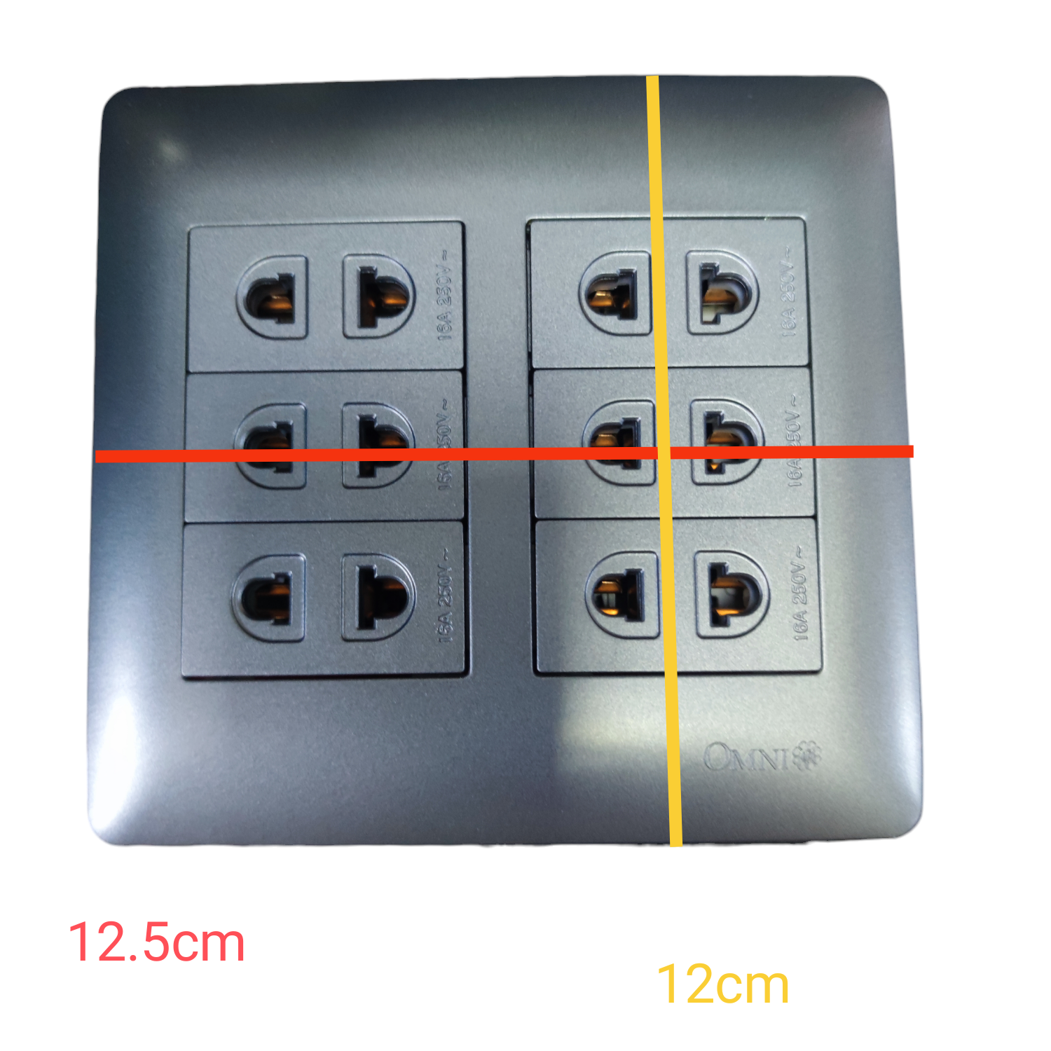 Omni 6 Gang Universal Outlet 16A 250V power socket panel with six universal plug ports in grey