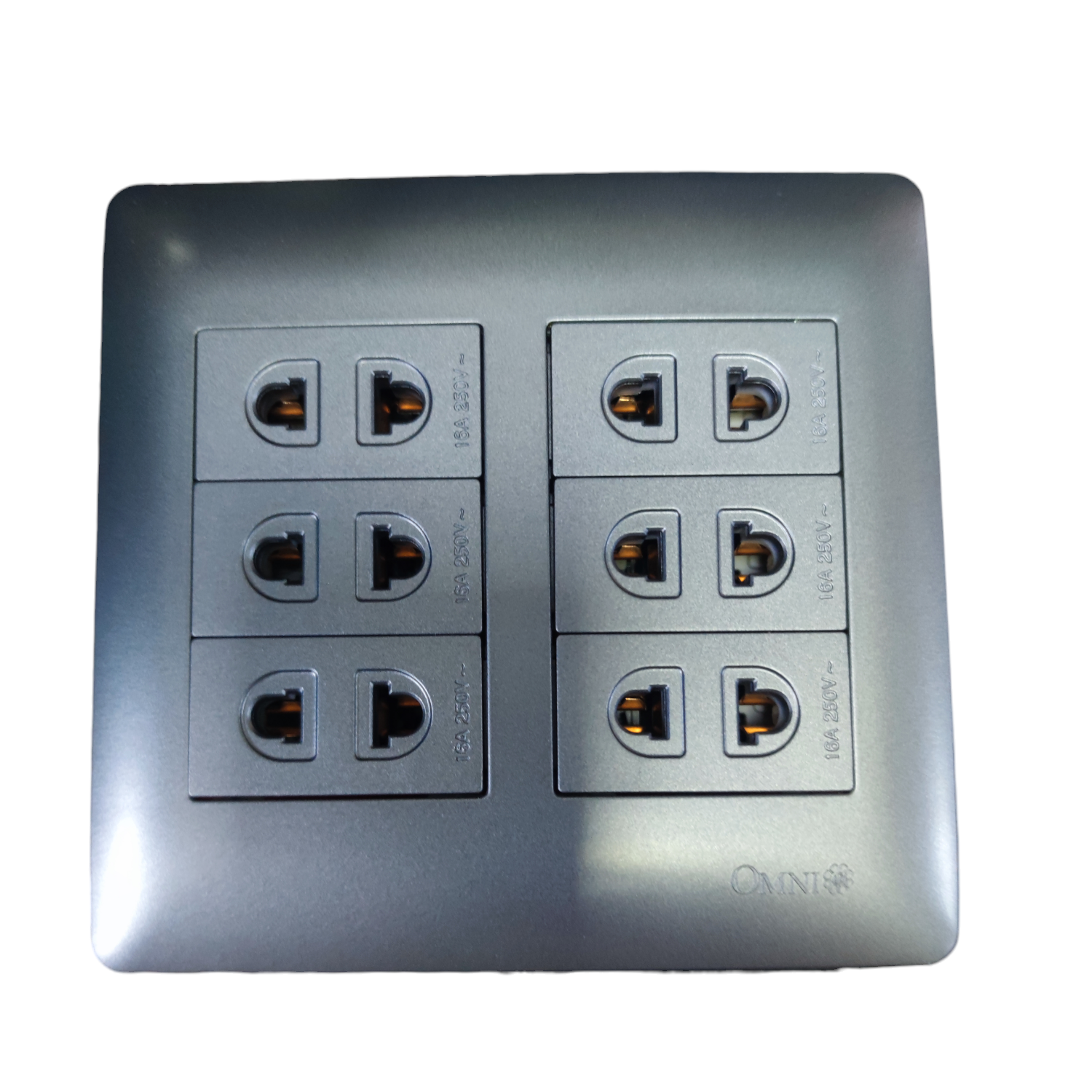 Omni 6 Gang Universal Outlet 16A 250V power point with six universal sockets and metallic gray finish