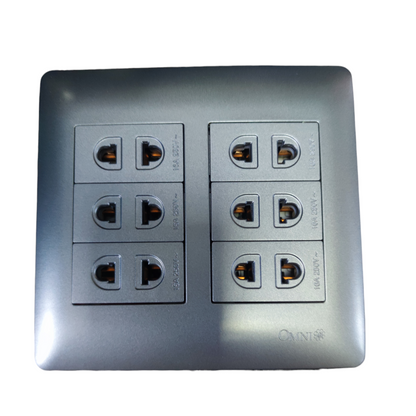 Omni 6 Gang Universal Outlet 16A 250V power point with six universal sockets and metallic gray finish