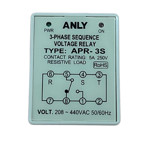 Anly 3 phase voltage relay APR-3S front panel showing 3 phase sequence diagram LEDs and voltage 208-440VAC
