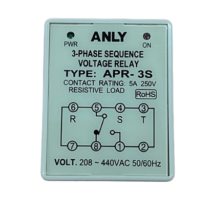 Anly 3 phase voltage relay APR-3S front panel showing 3 phase sequence diagram LEDs and voltage 208-440VAC