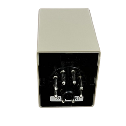 Anly 3 phase voltage relay beige rectangular housing with black pin base showing metal plug pins for panel wiring