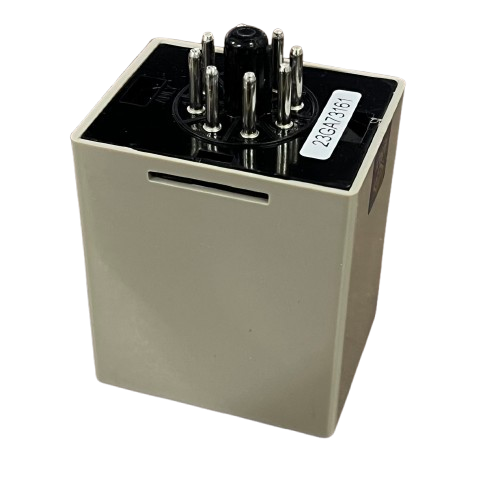 Anly 3 phase voltage relay beige rectangular housing with eight metal pins on black top and serial sticker