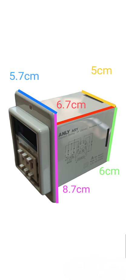 Anly digital timer 220V programmable rectangular timer module with front push buttons and dimension labels