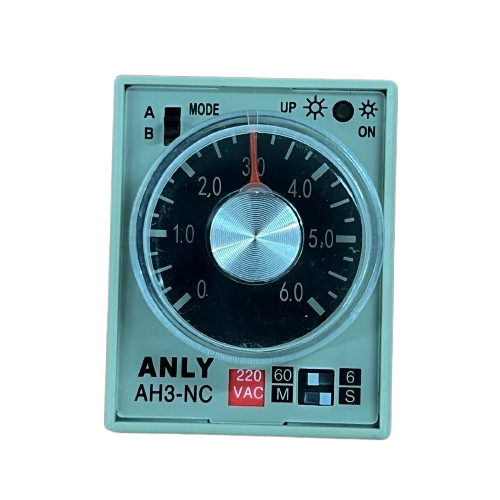 Anly multi range timer 220V analog AH3 NC relay front panel with large rotary dial and 220 VAC label