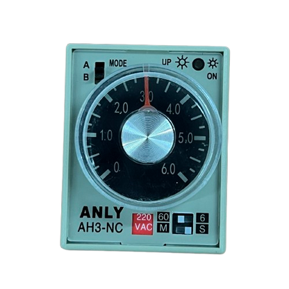 Anly multi range timer 220V analog AH3 NC relay front panel with large rotary dial and 220 VAC label