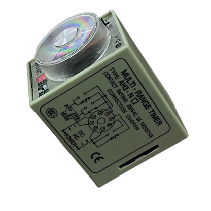 Anly multi range timer 220V beige timer relay with clear rotary dial and printed connection diagram for control panels
