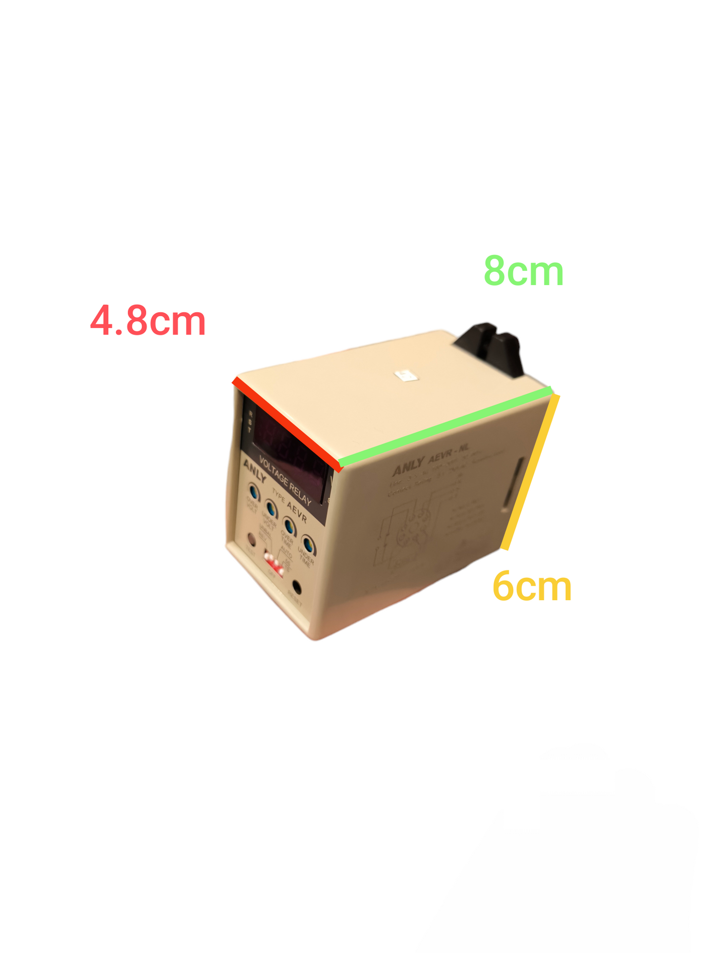 Anly digital 3 phase voltage relay beige panel meter with LED display and front control buttons compact 8 cm by 6 cm by 4.8 cm