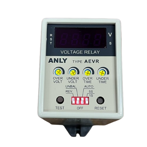 Anly digital 3 phase voltage relay AEVR front panel with LED indicators display test reset