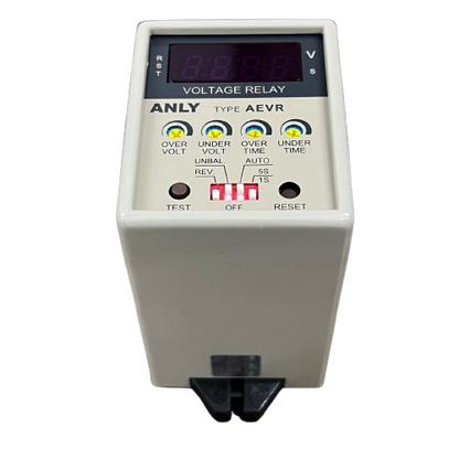 Anly digital 3 phase voltage relay AEVR with LED display test reset switches and DIN rail mount