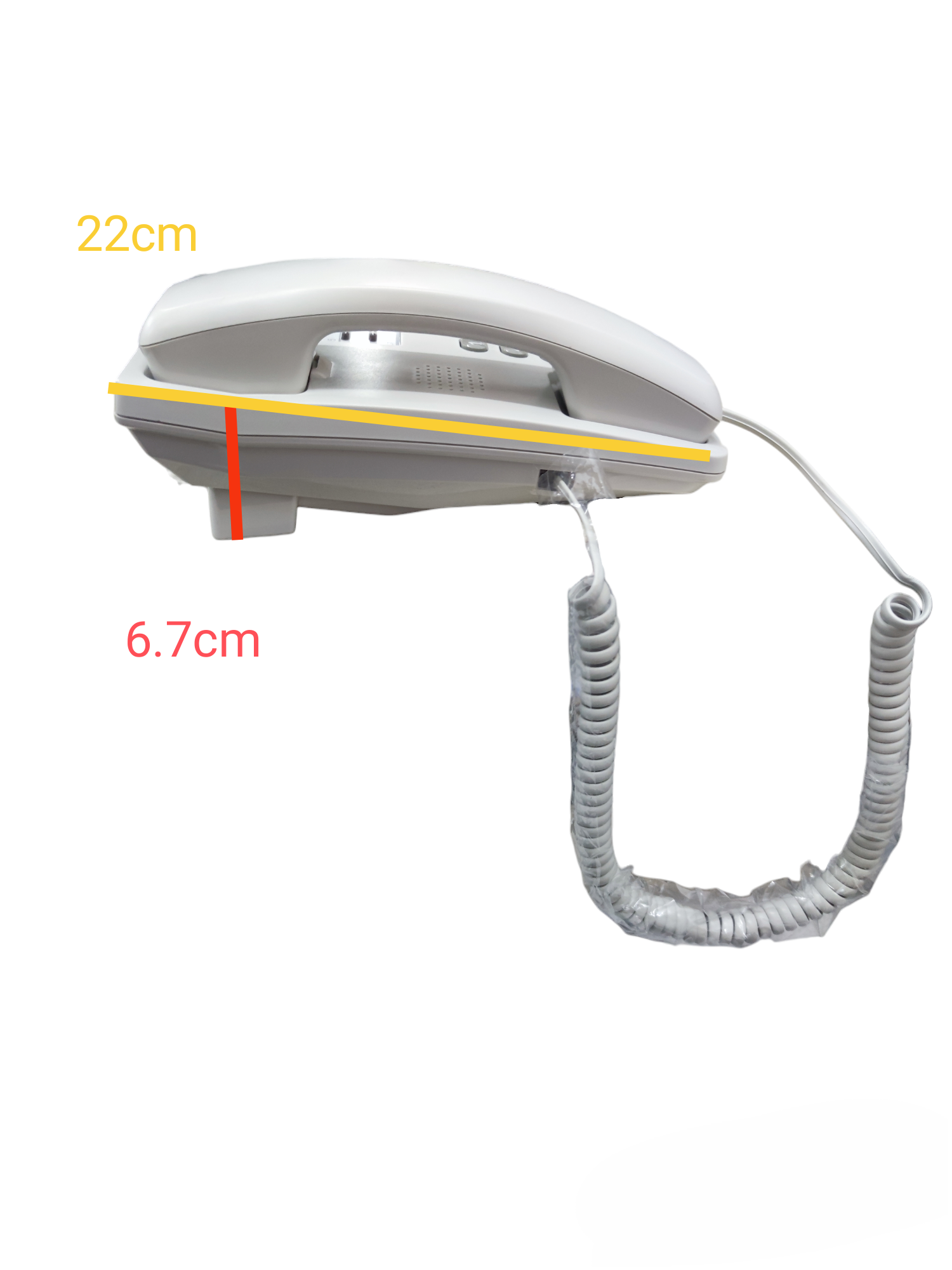 Aristel landline phone side view showing dimensions with PABX AV series key phone 12 functions