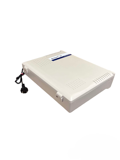 Aristel PABX system for offices device in white with ventilation and power cable attached