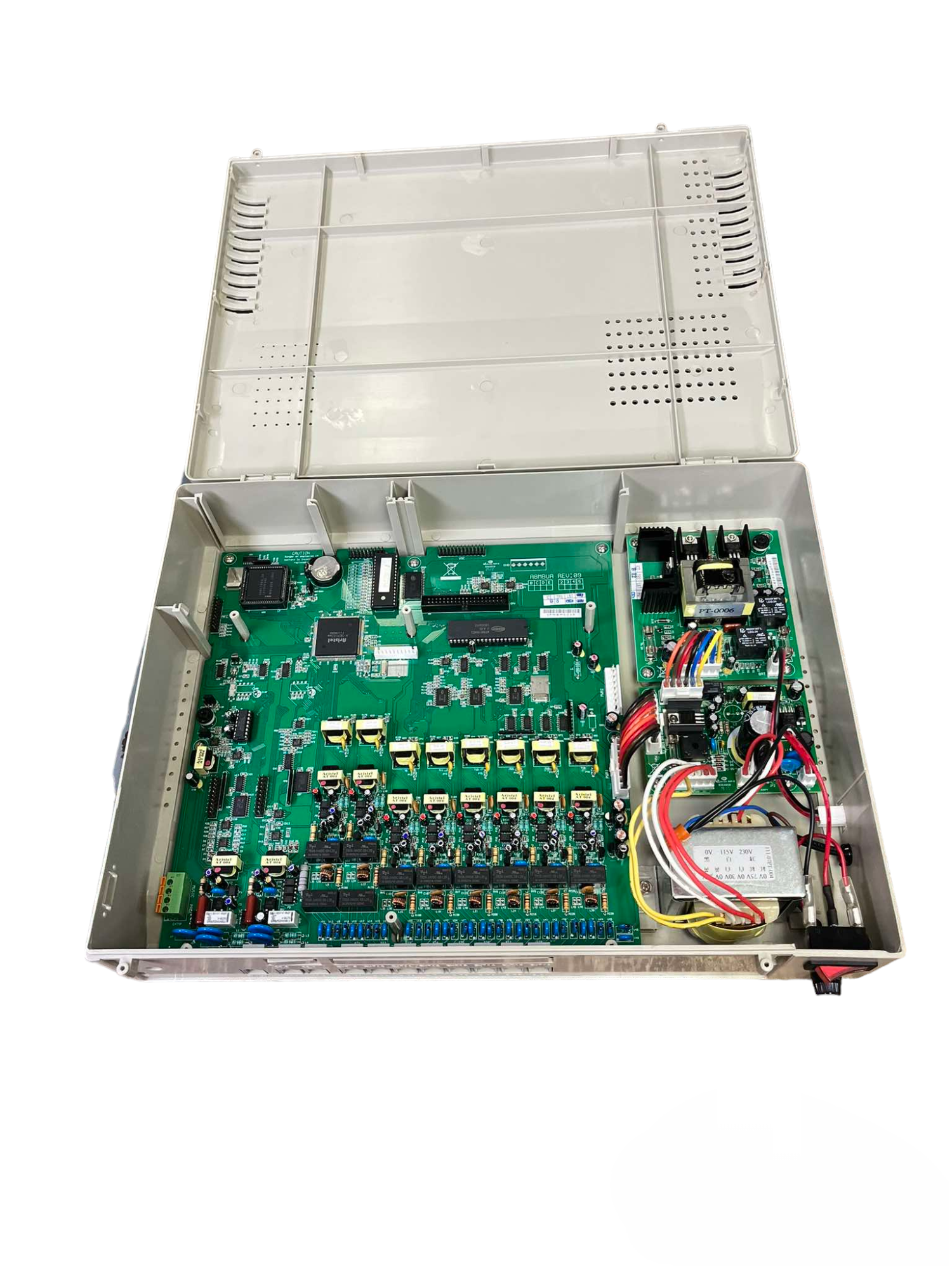 Aristel PABX system for offices showing internal circuit board and wiring components
