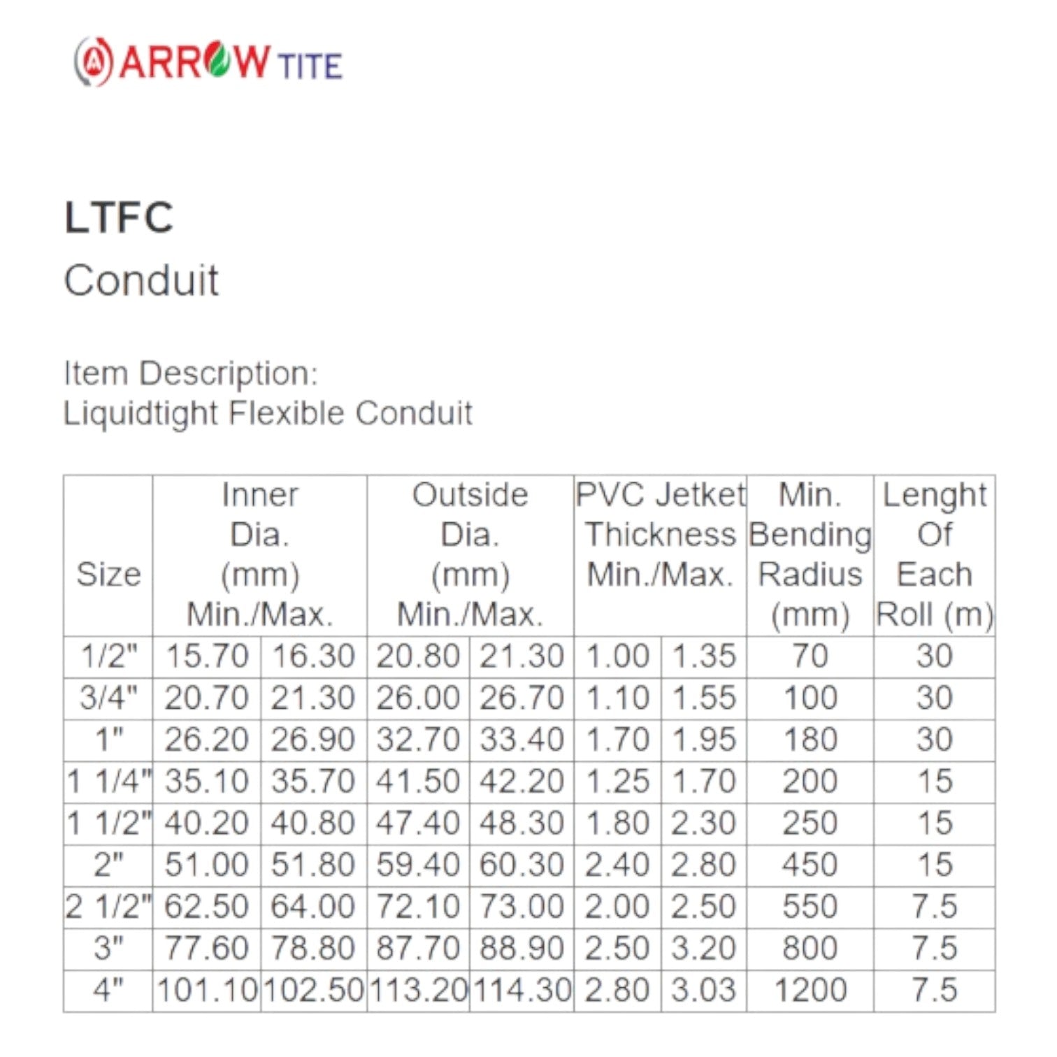 Arrowtite LTFC conduit specification sheet showing Liquidtight Flexible Hose 3 inch 80mm dimensions and table