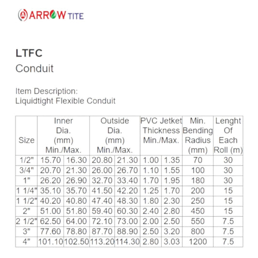 Arrowtite LTFC conduit specification sheet showing Liquidtight Flexible Hose 3 inch 80mm dimensions and table
